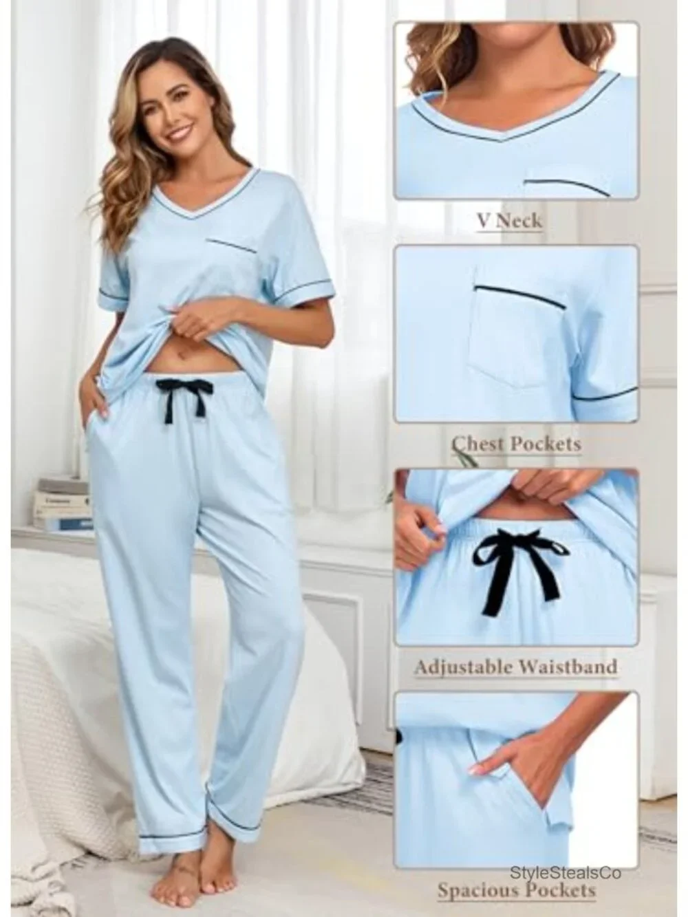 100% Cotton Women's Pajama Set V Neck Lounge Sleepwear with Pockets